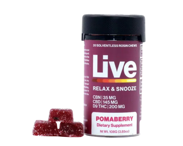 LIVE Relax & Snooze Pomaberry Fruit Chews CBN:CBD:THC 380 mg / 20 Gummies